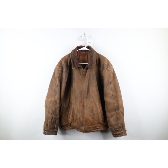 Vintage 90s Streetwear Mens Large Thrashed Full Zip Leather Bomber Jacket Brown
